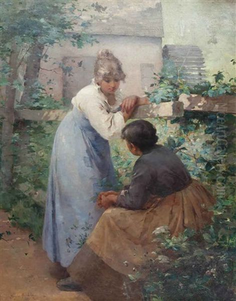 Two Women Chatting In A Garden With A Mill Oil Painting by Mary Fairchild MacMonnies Low