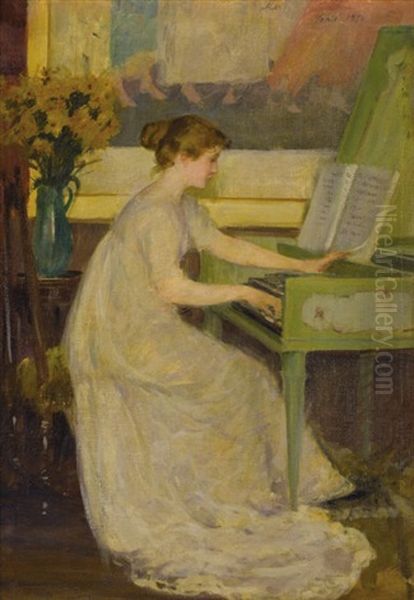 Girl Playing The Harpsichord Oil Painting by Mary Fairchild MacMonnies Low