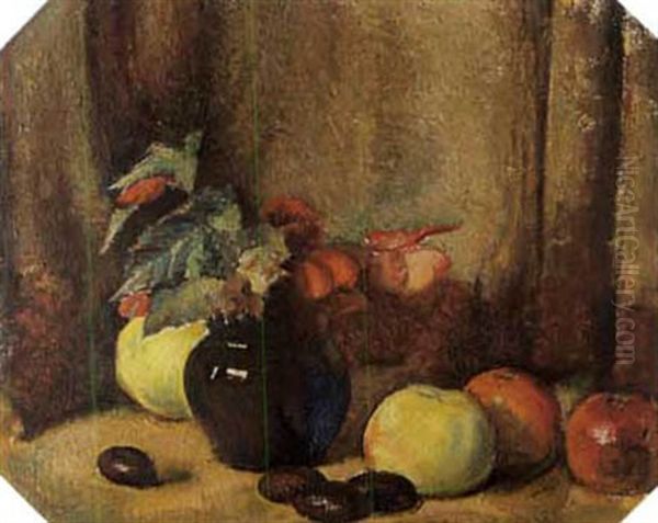 Stilleben: Begonien Und Apfel Oil Painting by Rudolf Loew