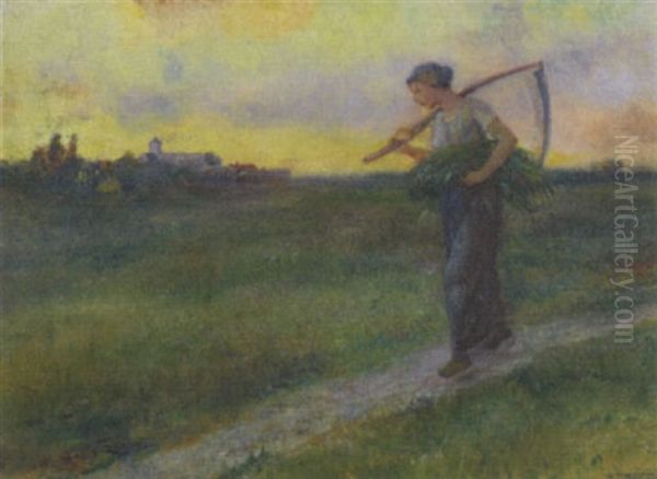 Female Harvester In A Field At Dusk Oil Painting by Will Hicock Low