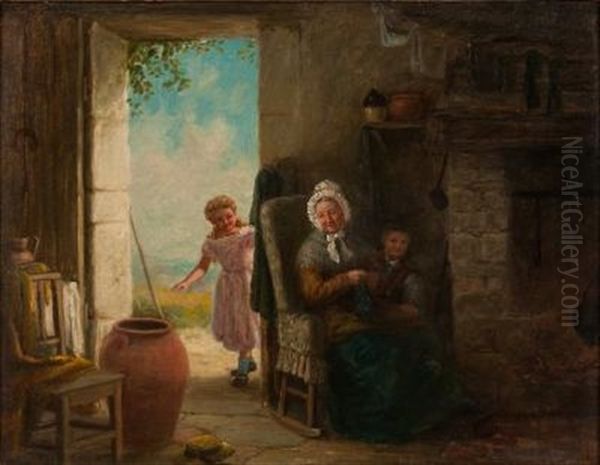 Cottage Interior With Grandmother And Children Oil Painting by Charles Frederick Lowcock