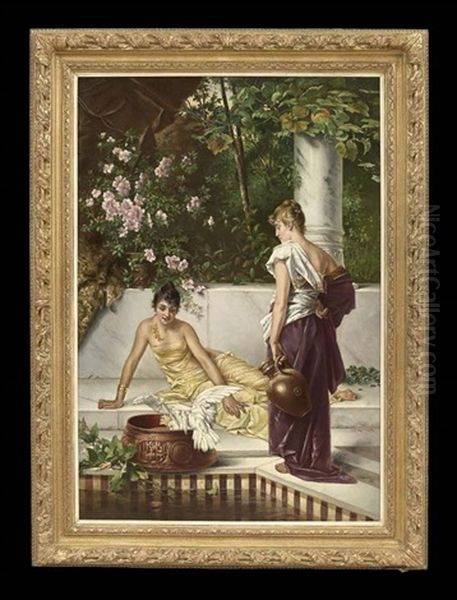 By The Garden Pool Oil Painting by Charles Frederick Lowcock