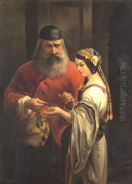 Ein Wachter Ubergibt Einer Jungen Orientalischen Schonheit Einen Schlussel Oil Painting by Charles Frederick Lowcock