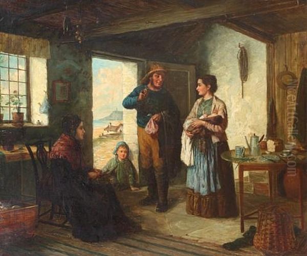 A Fisherman's Cottage Interior Oil Painting by Charles Frederick Lowcock