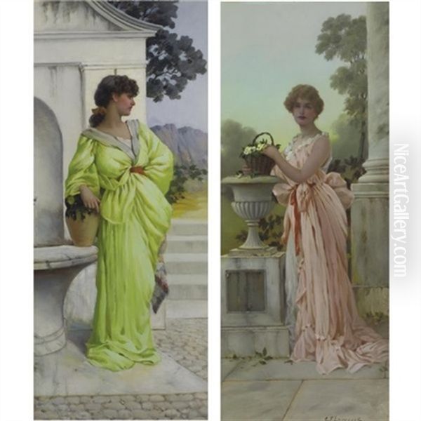 Two Beauties (+ Another, Smaller; 2 Works) Oil Painting by Charles Frederick Lowcock