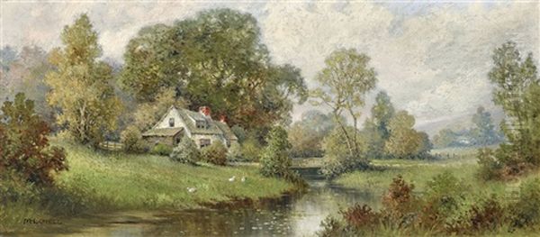 Cottages In A Pastoral Landscape Oil Painting by Milton H. Lowell