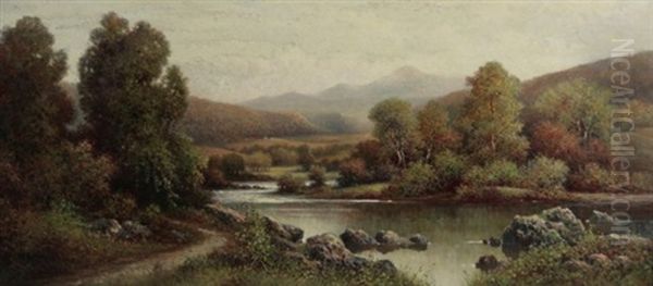 Riverbank Landscape With Walking Path Oil Painting by Milton H. Lowell