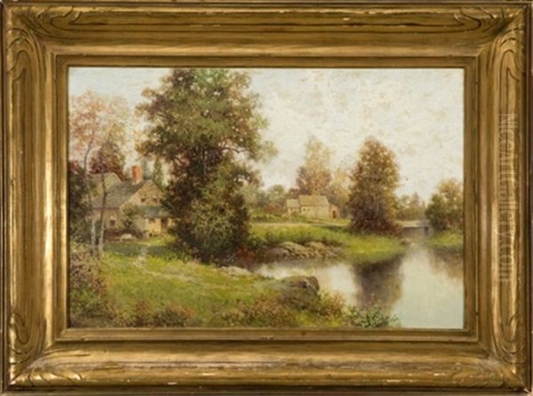 Landscape With Cottages On A Lake Oil Painting by Milton H. Lowell