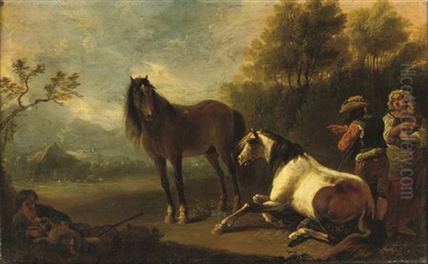 A Gypsy Family With Two Horses Resting In A Landscape, A Barn Beyond Oil Painting by Christian Ludwig von Loewenstern