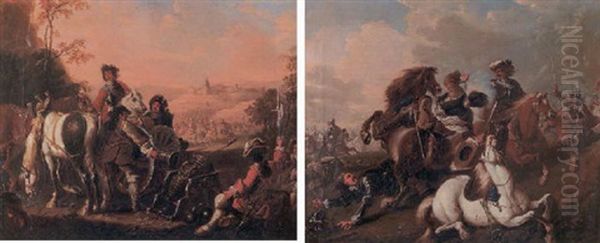 An Artillery Officer Overseeing His Men Positioning Their Canon With A Cavalry Charge Beyond Oil Painting by Christian Ludwig von Loewenstern