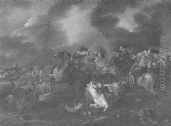 Reiter Mit Degen Und Pistolen In Einer Schlacht Unter Einem Von Pulverdampf Und Rauchschwaden Getrubten Himmel Oil Painting by Christian Ludwig von Loewenstern