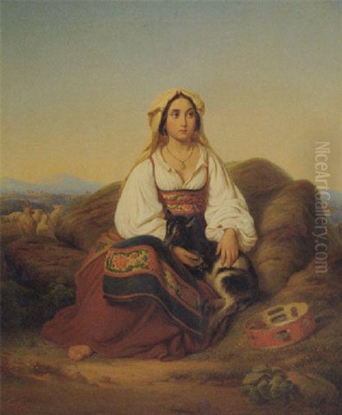 An Italian Goatherdess Oil Painting by Emil Loewenthal