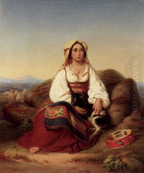 Neapolitanische Ziegenhirtin In Weiter Campagnalandschaft Oil Painting by Emil Loewenthal