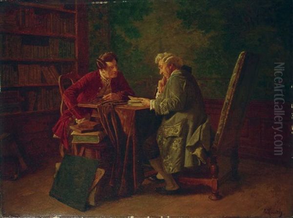 Konversation Zweier Herren In Einer Bibliothek Oil Painting by Wilhelm Loewith