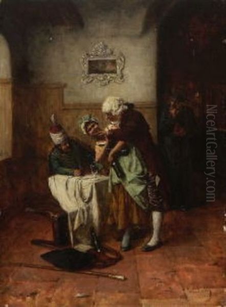 Heitere Gesellschaft. Im Beisein Eines Belustigten Husaren Kost Ein Herr Im Rokokokostum Die Kellnerin. Der Priester Im Hintergrund Verfolgt Das Geschehen Mit Bedenklicher Miene Oil Painting by Wilhelm Loewith