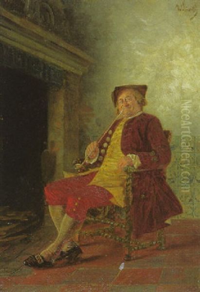 Pfeifenraucher Der Rokokozeit, Genieserisch Vor Dem Kamin Sitzend Oil Painting by Wilhelm Loewith