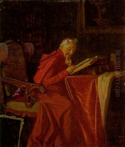 Kardinal In Der Bibliothek Beim Studium Alter Folianten Oil Painting by Wilhelm Loewith