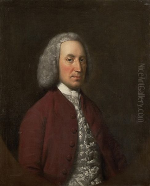 Portrait Of Thomas Bateson, Half Length, Wearing A Red Coat And Silver Waistcoat; Together With Another Of Mrs Thomas Bateson (+ Another Of Mrs Thomas Bateson) Oil Painting by Strickland Lowry