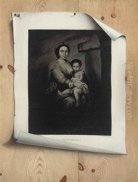 A Trompe L'oeil With A Mezzotint Of The Madonna And Child (after Bartolome Esteban Murillo) Oil Painting by Strickland Lowry