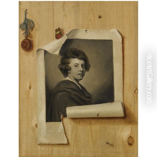 Trompe L'oeil With An Engraving Of The Self Portrait Of Sir Joshua Reynolds's Oil Painting by Strickland Lowry