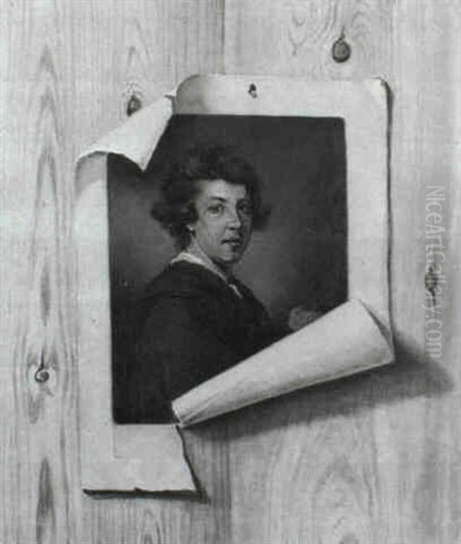 A Tromp L'oeil Painting Of A Curling Print, Depicting Sir Joshua Reynolds, Nailed To A Wooden Board Oil Painting by Strickland Lowry