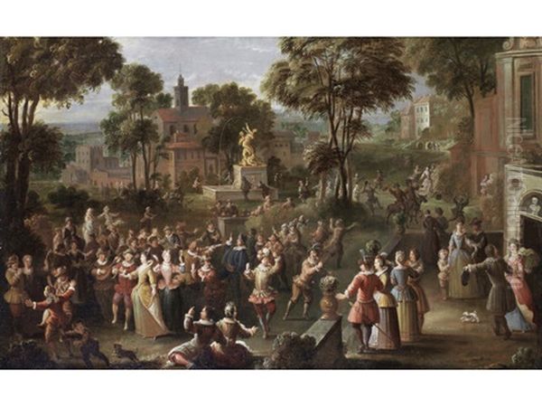 A Fete Champetre (+ And An Elegant Company At A Ball In An Italianate Garden; Pair) Oil Painting by Jan-Sebastiaen Loybos