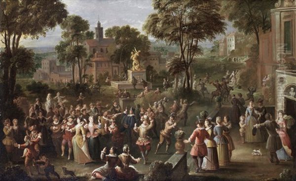 A Fete Champetre; And An Elegant Company At A Ball In An Italianate Garden (2 Works) Oil Painting by Jan-Sebastiaen Loybos