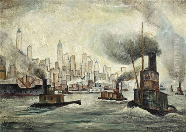 Steam Vessels On The Hudson, New York Beyond Oil Painting by Adriaan Lubbers