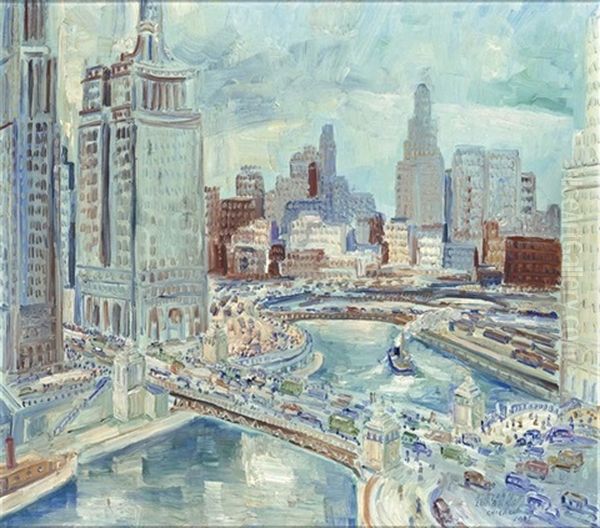 Wacker Drive Chicago Oil Painting by Adriaan Lubbers