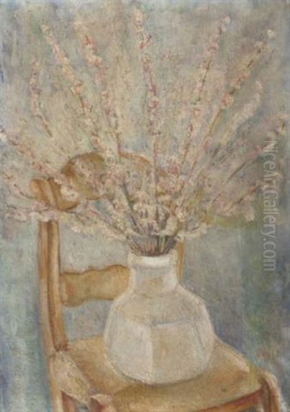 A Still Life With Blossom Branches In A White Vase On A Chair Oil Painting by Adriaan Lubbers