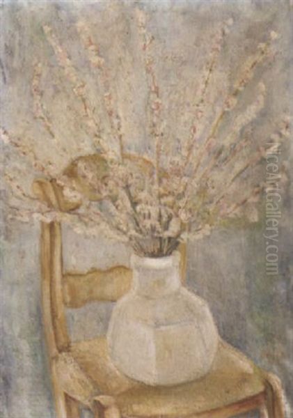 A Still Life With Blossom Branches In A White Vase On A Chair Oil Painting by Adriaan Lubbers