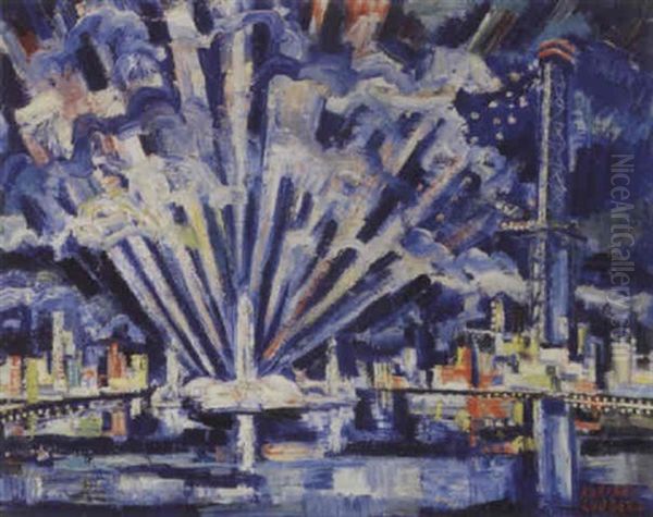 View Of The Skyride, Evening At The Century Of Progress International Exposition, 1934 Oil Painting by Adriaan Lubbers