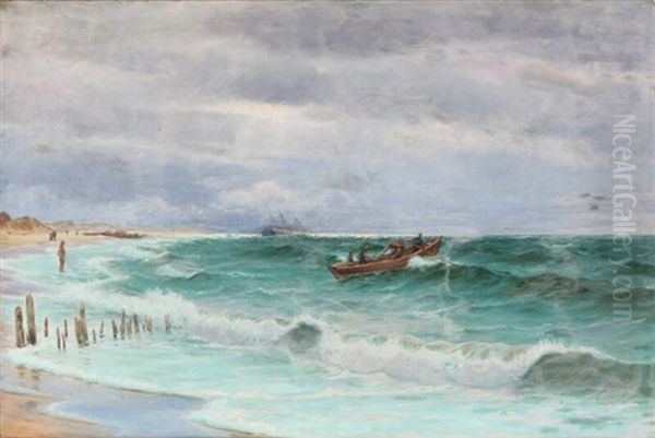 Lifeboats Are Launched From The Shore Oil Painting by Holger Luebbers