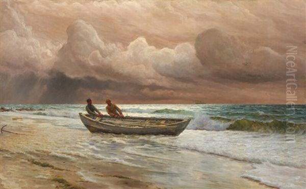 Seascape With Two Fishermen Pulling Their Boat Ashore Oil Painting by Holger Luebbers