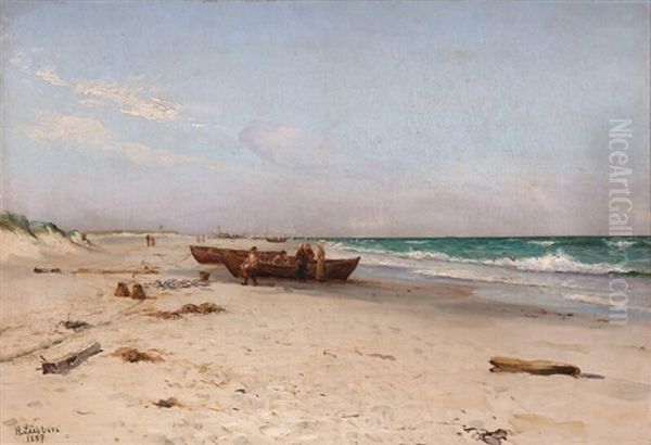 Fishermen And Fishwives Collecting The Catch On The Beach Oil Painting by Holger Luebbers