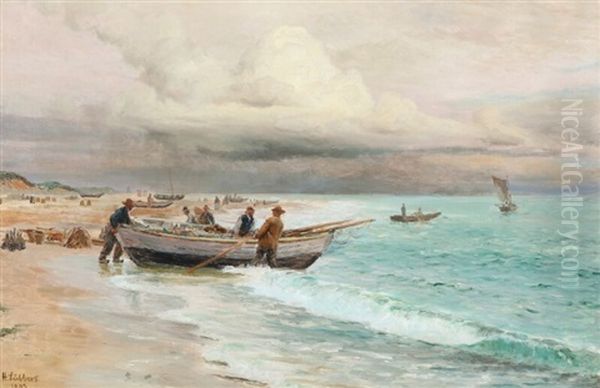 Coastal Scenery With Fishermen At Their Boats Oil Painting by Holger Luebbers