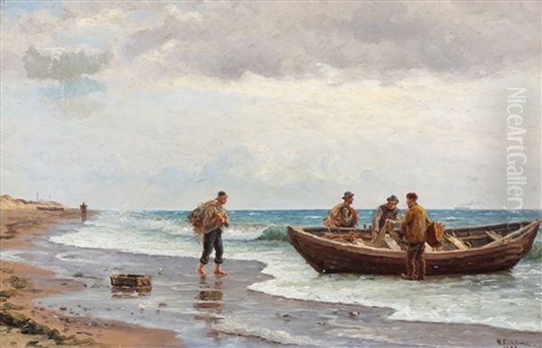 Fishermen Around A Dinghy At The Water's Edge Oil Painting by Holger Luebbers