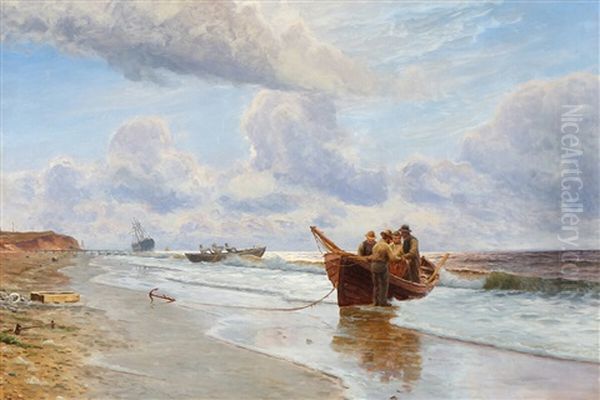 Coastal Scene With Fishermen Returning With The Day's Catch Oil Painting by Holger Luebbers