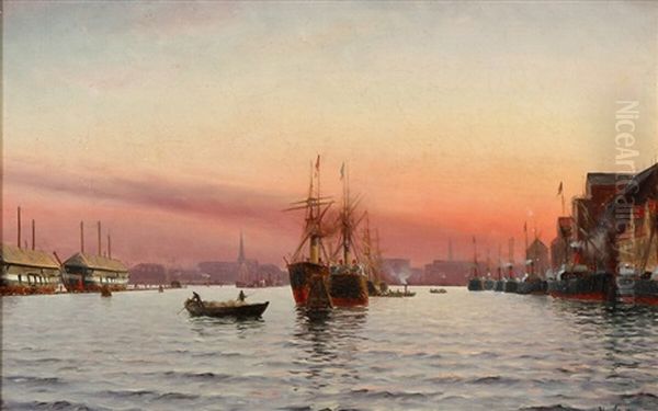 Sunset Above Copenhagen Harbour Oil Painting by Holger Luebbers