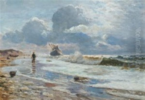 Coastal Scenery With A Shipwreck Oil Painting by Holger Luebbers