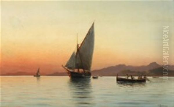 Fishermen And Ships At Sea In The Gulf Of Naples On A Quiet Day Oil Painting by Holger Luebbers