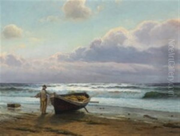 Mand Ved Bad (evening Scenery With Fisherman) Oil Painting by Holger Luebbers