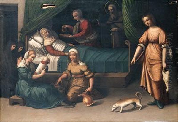 The Birth Of The Virgin Oil Painting by Giovanni Battista Benvenuti (see Ortolano)