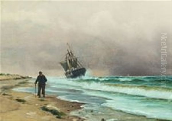 Coastal Scenery At A Wreck And A Man Walking Along The Beach Oil Painting by Holger Luebbers