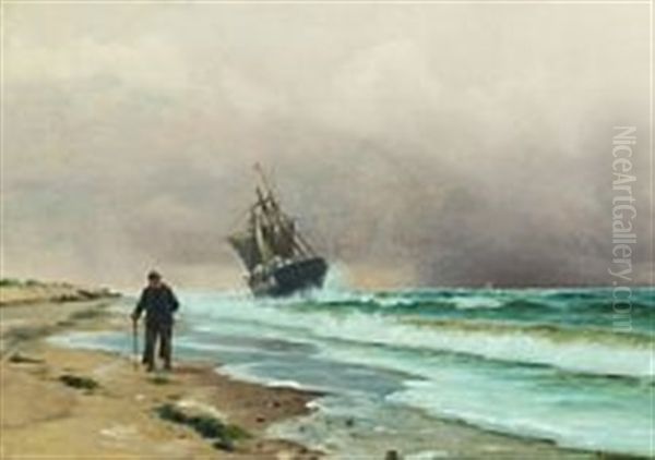 Coastal Scenery With A Wreck And A Man Walking Along The Beach Oil Painting by Holger Luebbers