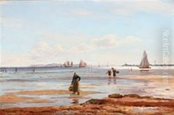 Collecting Mussels At The Beach, In The Background Numerous Sailing Ships Oil Painting by Holger Luebbers