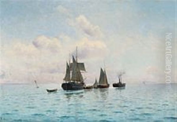 Two Ships Pulled By A Tugboat Oil Painting by Holger Luebbers