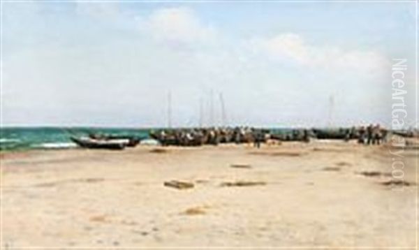 Plenty Of Fishermen On The Beach Oil Painting by Holger Luebbers