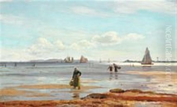 Collecting Mussels At The Beach, In The Background Numerous Sailing Ships Oil Painting by Holger Luebbers