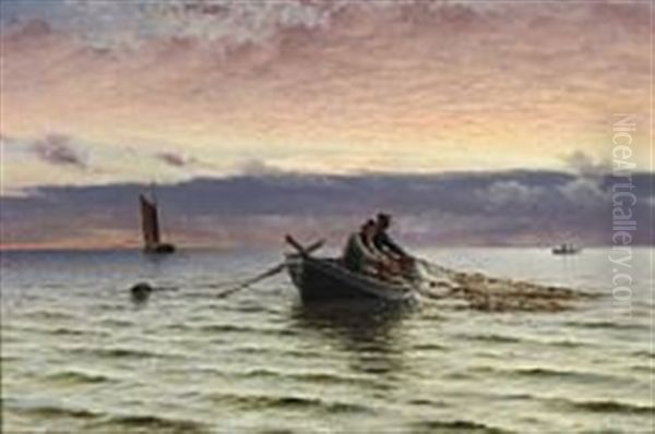 Fishermen On The Sea An Early Morning Oil Painting by Holger Luebbers